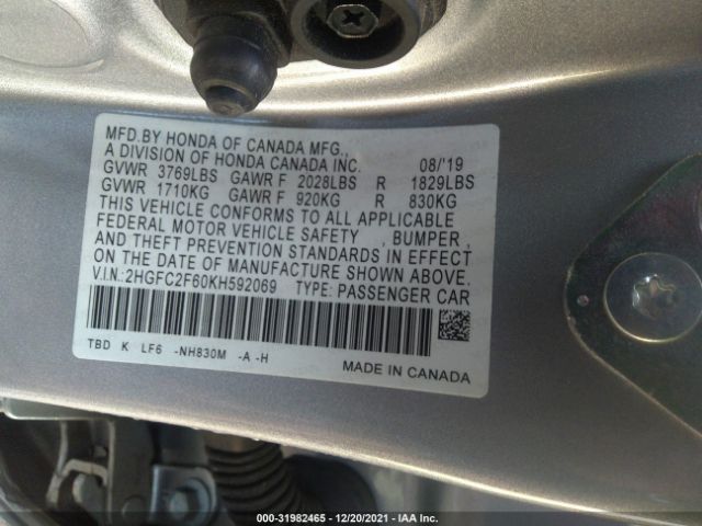 Photo 8 VIN: 2HGFC2F60KH592069 - HONDA CIVIC SEDAN 