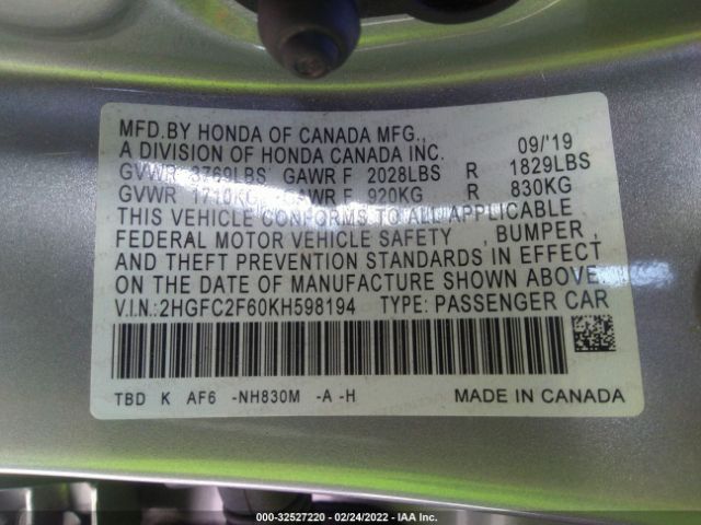 Photo 8 VIN: 2HGFC2F60KH598194 - HONDA CIVIC SEDAN 