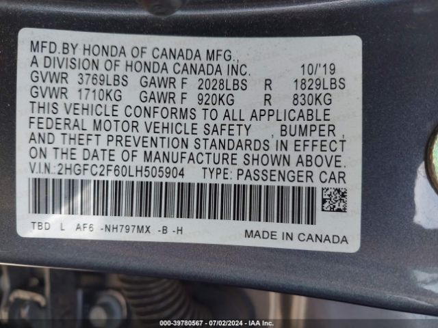 Photo 8 VIN: 2HGFC2F60LH505904 - HONDA CIVIC 