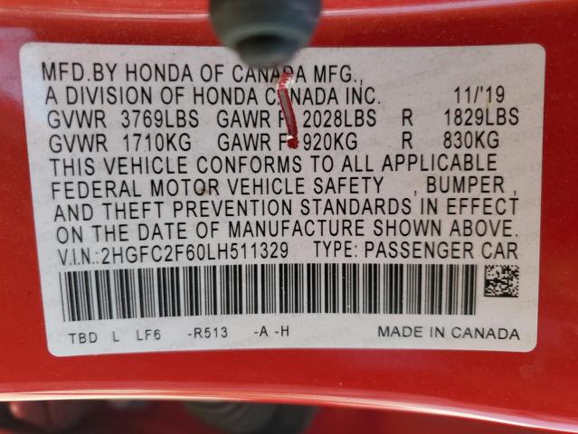 Photo 11 VIN: 2HGFC2F60LH511329 - HONDA CIVIC 