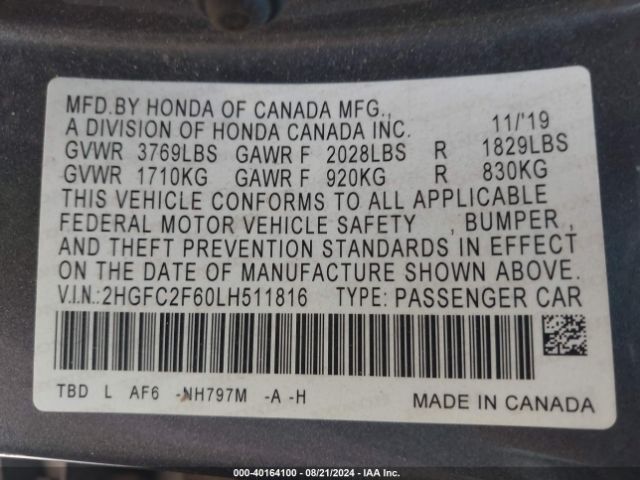 Photo 8 VIN: 2HGFC2F60LH511816 - HONDA CIVIC 