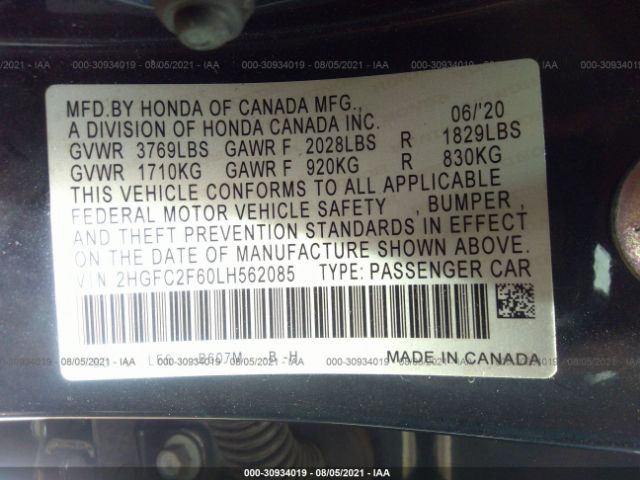 Photo 8 VIN: 2HGFC2F60LH562085 - HONDA CIVIC SEDAN 