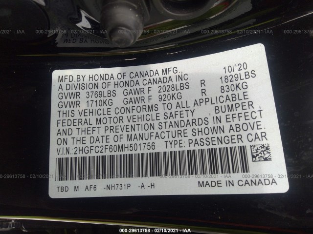 Photo 8 VIN: 2HGFC2F60MH501756 - HONDA CIVIC SEDAN 