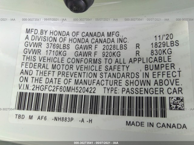 Photo 8 VIN: 2HGFC2F60MH520422 - HONDA CIVIC SEDAN 