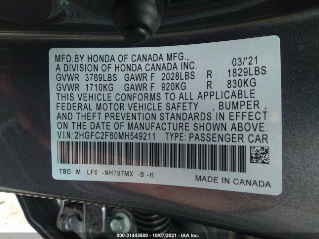 Photo 8 VIN: 2HGFC2F60MH549211 - HONDA CIVIC SEDAN 