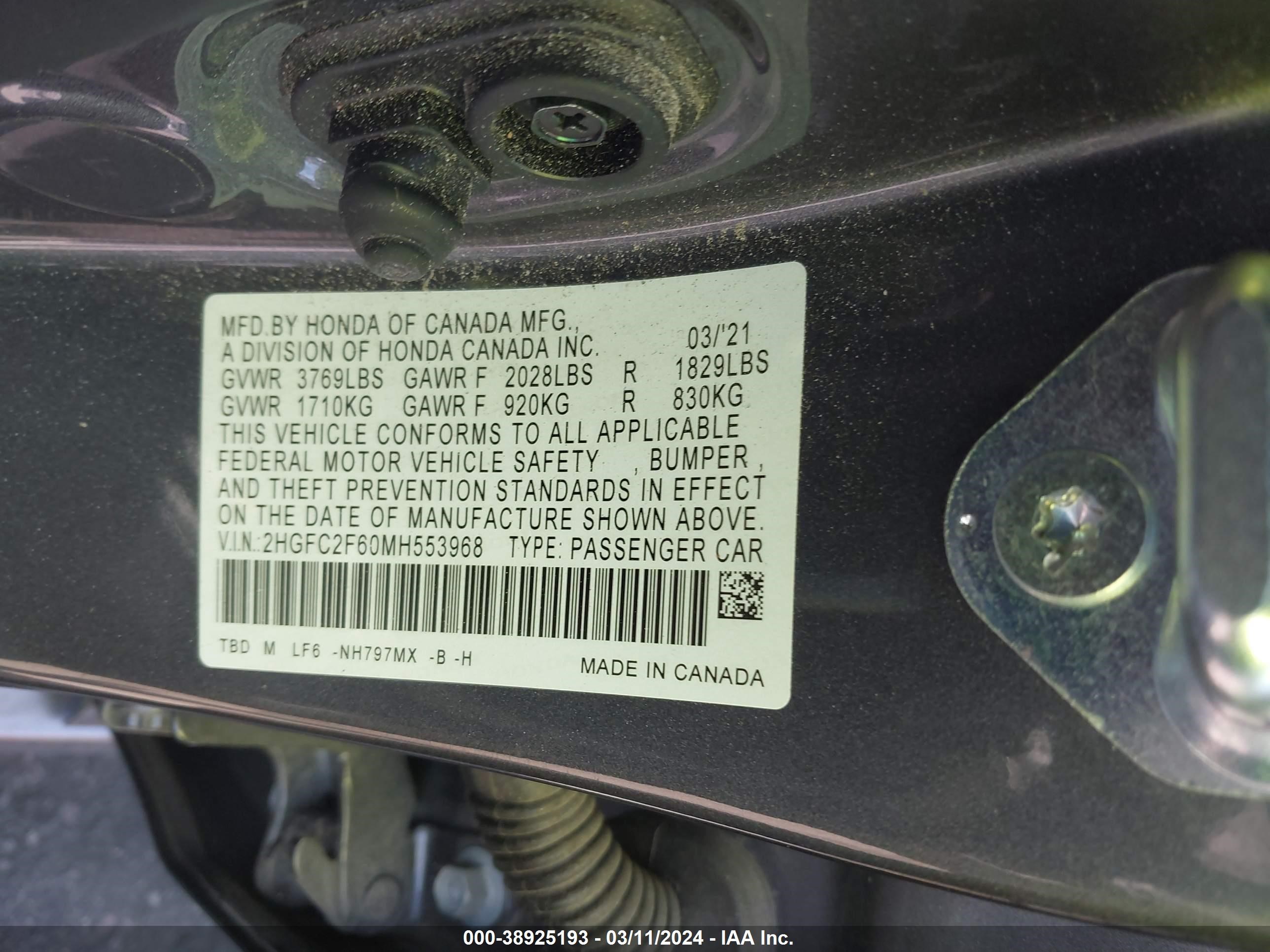 Photo 8 VIN: 2HGFC2F60MH553968 - HONDA CIVIC 