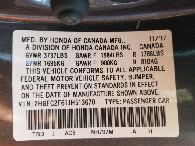 Photo 9 VIN: 2HGFC2F61JH513670 - HONDA CIVIC LX 