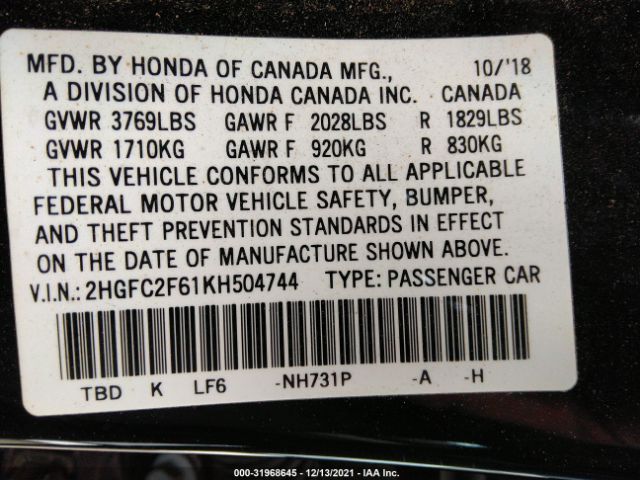 Photo 8 VIN: 2HGFC2F61KH504744 - HONDA CIVIC SEDAN 