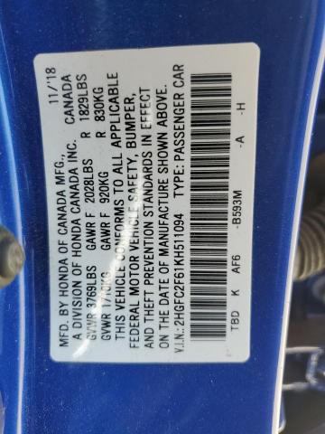 Photo 11 VIN: 2HGFC2F61KH511094 - HONDA CIVIC LX 