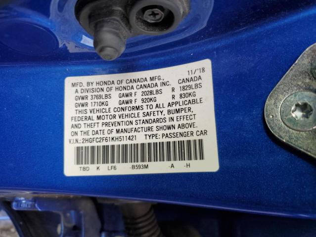 Photo 11 VIN: 2HGFC2F61KH511421 - HONDA CIVIC 