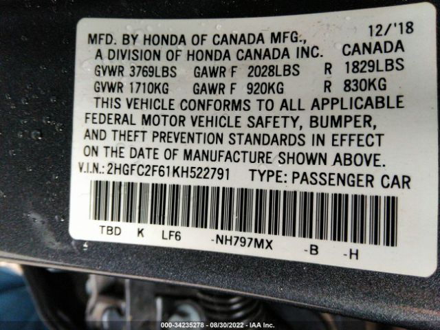 Photo 8 VIN: 2HGFC2F61KH522791 - HONDA CIVIC SEDAN 