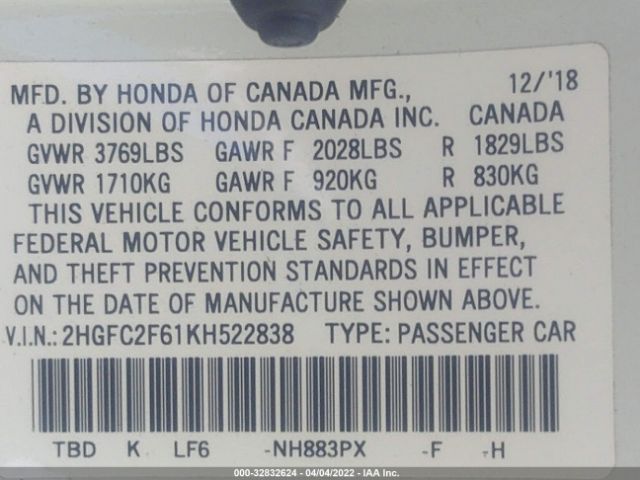 Photo 8 VIN: 2HGFC2F61KH522838 - HONDA CIVIC SEDAN 