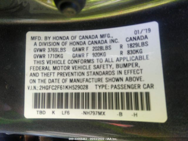 Photo 8 VIN: 2HGFC2F61KH529028 - HONDA CIVIC SEDAN 