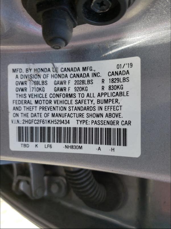 Photo 9 VIN: 2HGFC2F61KH529434 - HONDA CIVIC LX 