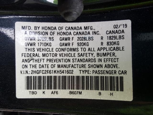 Photo 9 VIN: 2HGFC2F61KH541602 - HONDA CIVIC LX 