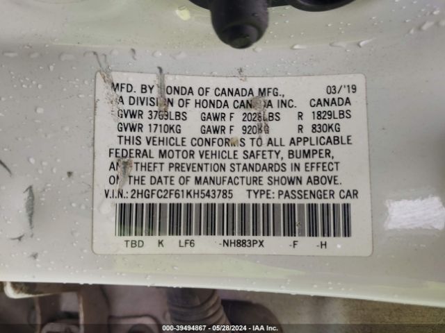 Photo 8 VIN: 2HGFC2F61KH543785 - HONDA CIVIC 