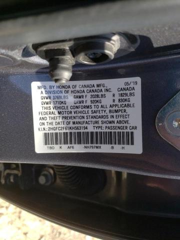 Photo 9 VIN: 2HGFC2F61KH563194 - HONDA CIVIC LX 