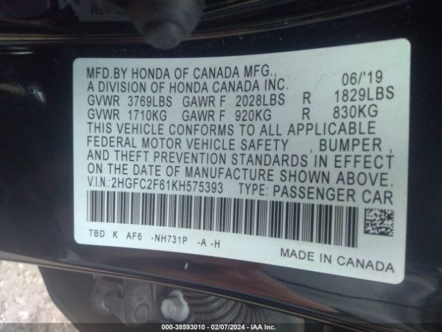 Photo 8 VIN: 2HGFC2F61KH575393 - HONDA CIVIC 