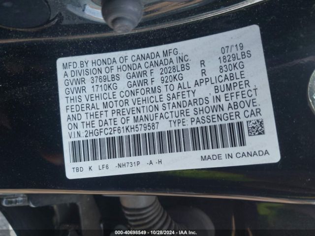 Photo 8 VIN: 2HGFC2F61KH579587 - HONDA CIVIC 