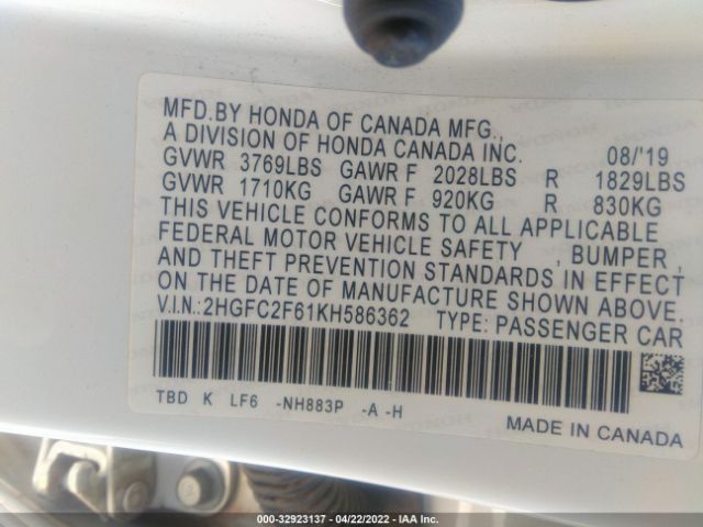 Photo 8 VIN: 2HGFC2F61KH586362 - HONDA CIVIC SEDAN 