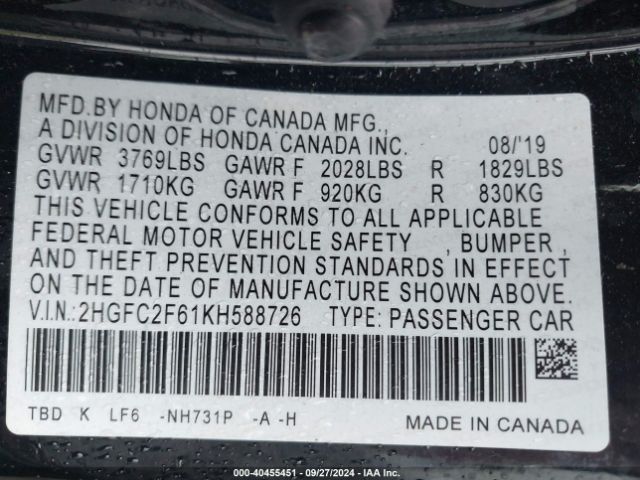 Photo 8 VIN: 2HGFC2F61KH588726 - HONDA CIVIC 