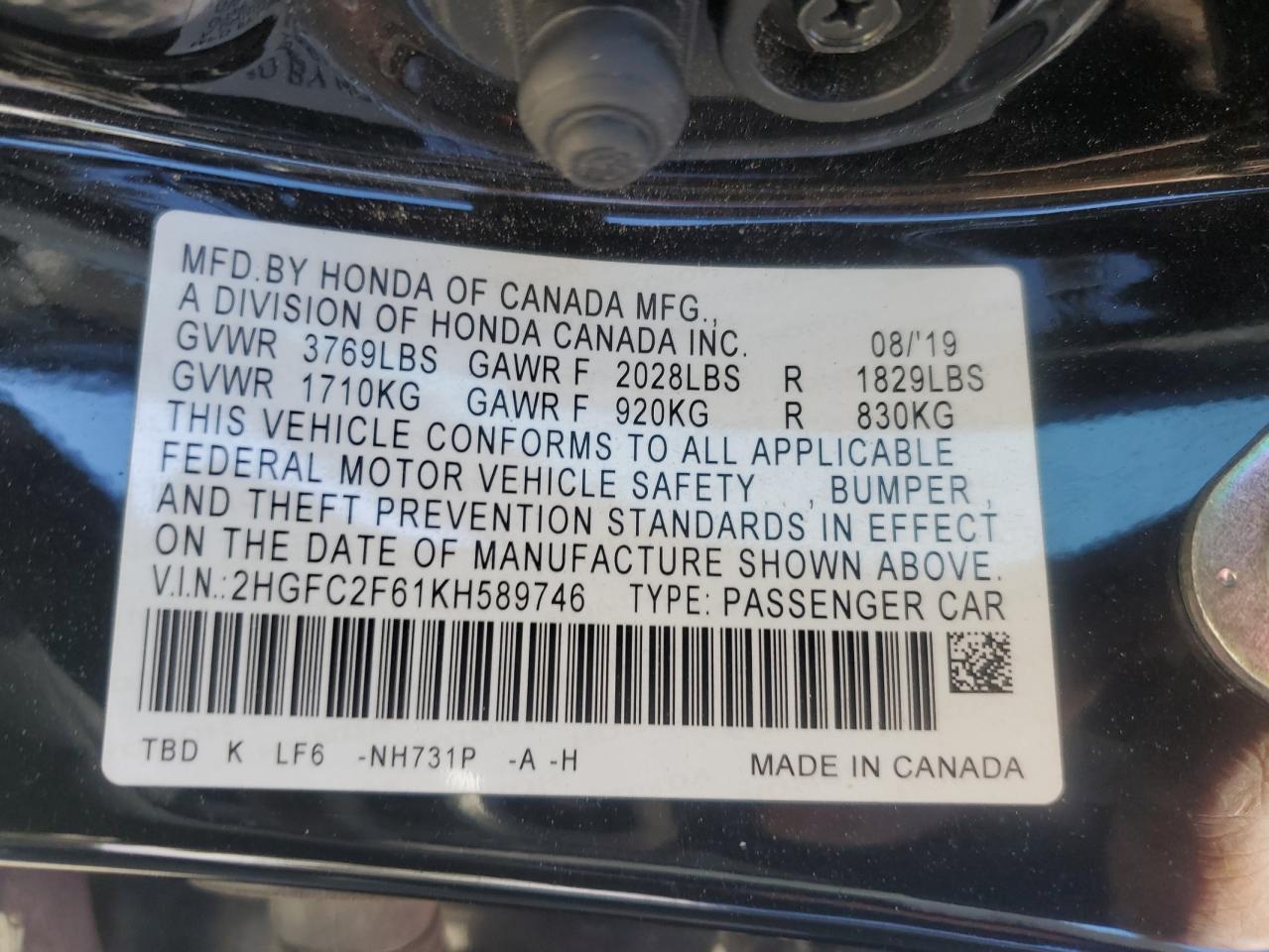 Photo 11 VIN: 2HGFC2F61KH589746 - HONDA CIVIC 