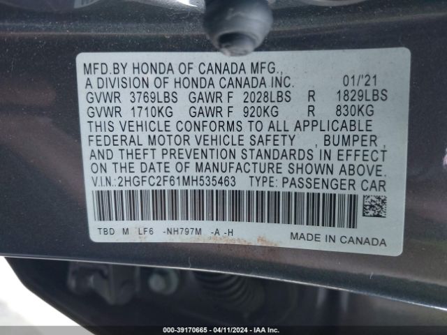 Photo 8 VIN: 2HGFC2F61MH535463 - HONDA CIVIC 