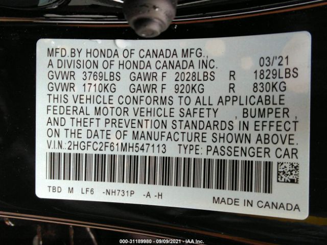 Photo 8 VIN: 2HGFC2F61MH547113 - HONDA CIVIC 