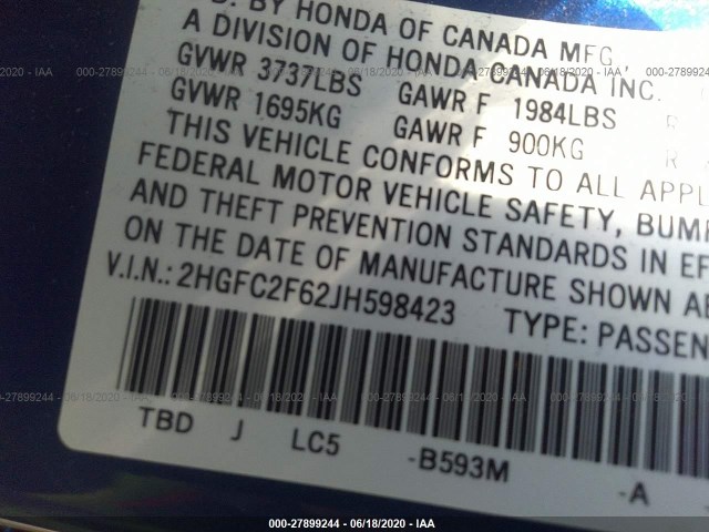 Photo 8 VIN: 2HGFC2F62JH598423 - HONDA CIVIC SEDAN 