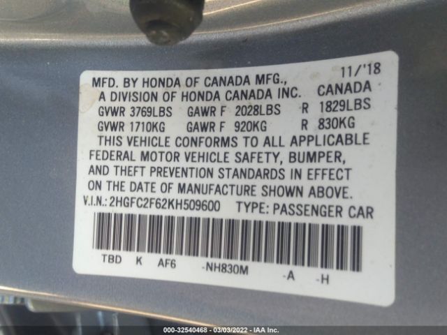 Photo 8 VIN: 2HGFC2F62KH509600 - HONDA CIVIC SEDAN 