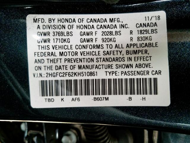 Photo 9 VIN: 2HGFC2F62KH510861 - HONDA CIVIC LX 