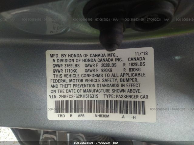 Photo 8 VIN: 2HGFC2F62KH516319 - HONDA CIVIC SEDAN 