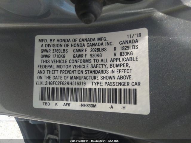 Photo 8 VIN: 2HGFC2F62KH516319 - HONDA CIVIC SEDAN 