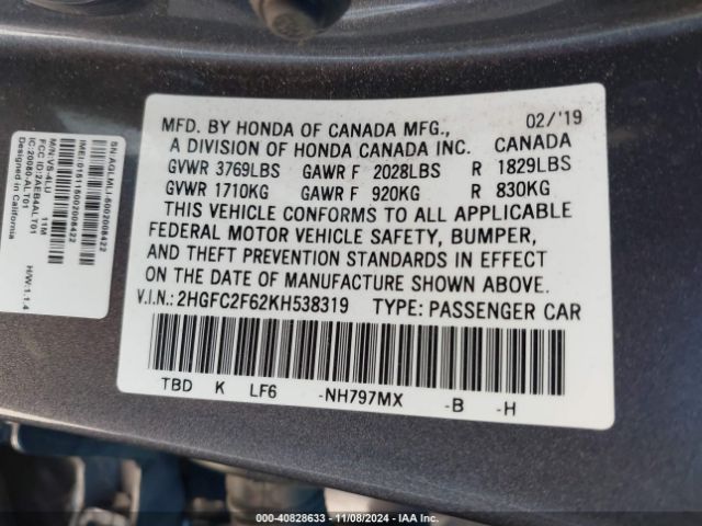 Photo 8 VIN: 2HGFC2F62KH538319 - HONDA CIVIC 