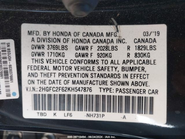 Photo 8 VIN: 2HGFC2F62KH547876 - HONDA CIVIC 