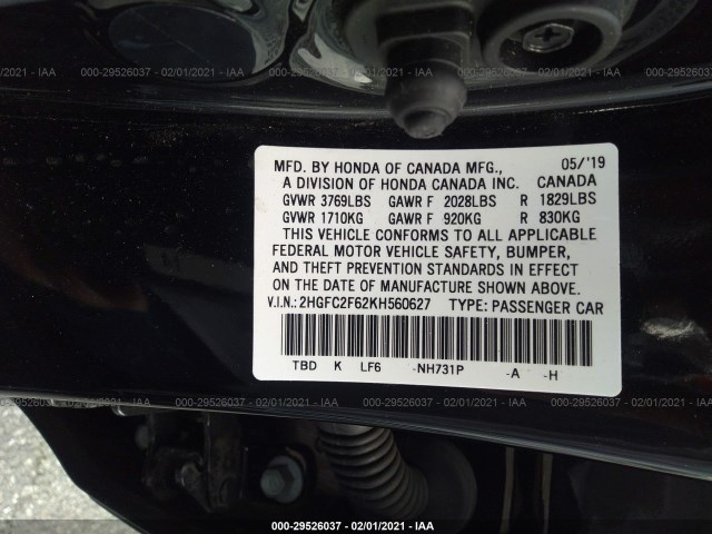 Photo 8 VIN: 2HGFC2F62KH560627 - HONDA CIVIC SEDAN 