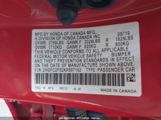 Photo 8 VIN: 2HGFC2F62KH597192 - HONDA CIVIC 