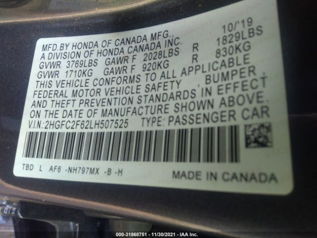 Photo 8 VIN: 2HGFC2F62LH507525 - HONDA CIVIC SEDAN 