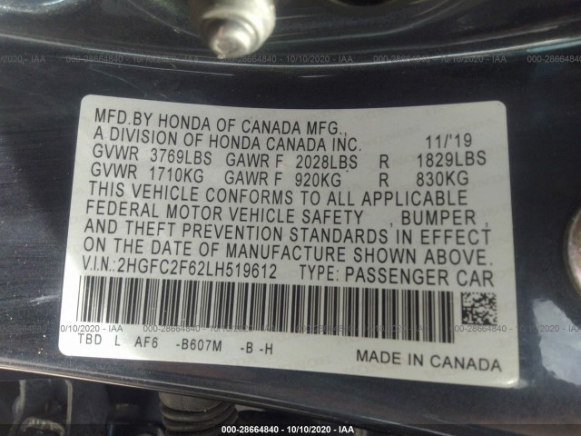 Photo 8 VIN: 2HGFC2F62LH519612 - HONDA CIVIC SEDAN 