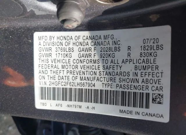 Photo 8 VIN: 2HGFC2F62LH567904 - HONDA CIVIC 