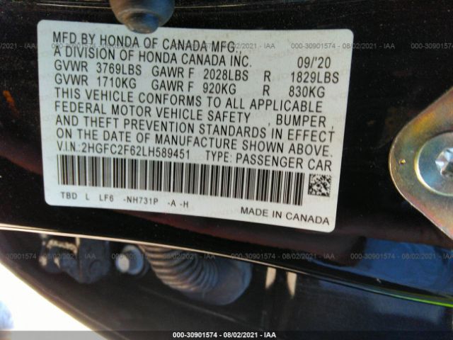 Photo 8 VIN: 2HGFC2F62LH589451 - HONDA CIVIC SEDAN 