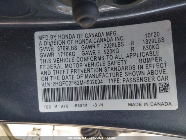 Photo 8 VIN: 2HGFC2F62MH502004 - HONDA CIVIC 