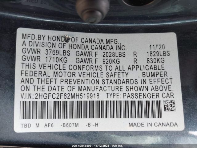 Photo 8 VIN: 2HGFC2F62MH519918 - HONDA CIVIC 