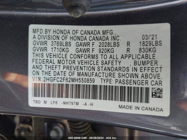 Photo 8 VIN: 2HGFC2F62MH550859 - HONDA CIVIC LX 