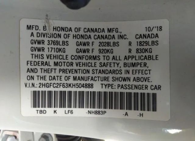 Photo 8 VIN: 2HGFC2F63KH504888 - HONDA CIVIC SEDAN 