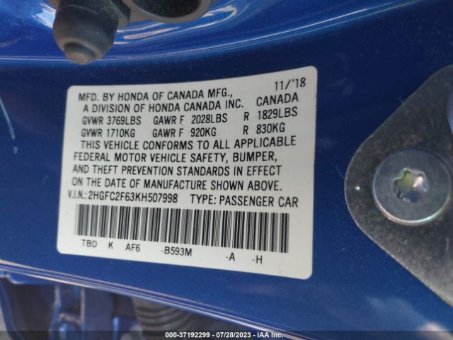 Photo 8 VIN: 2HGFC2F63KH507998 - HONDA CIVIC 