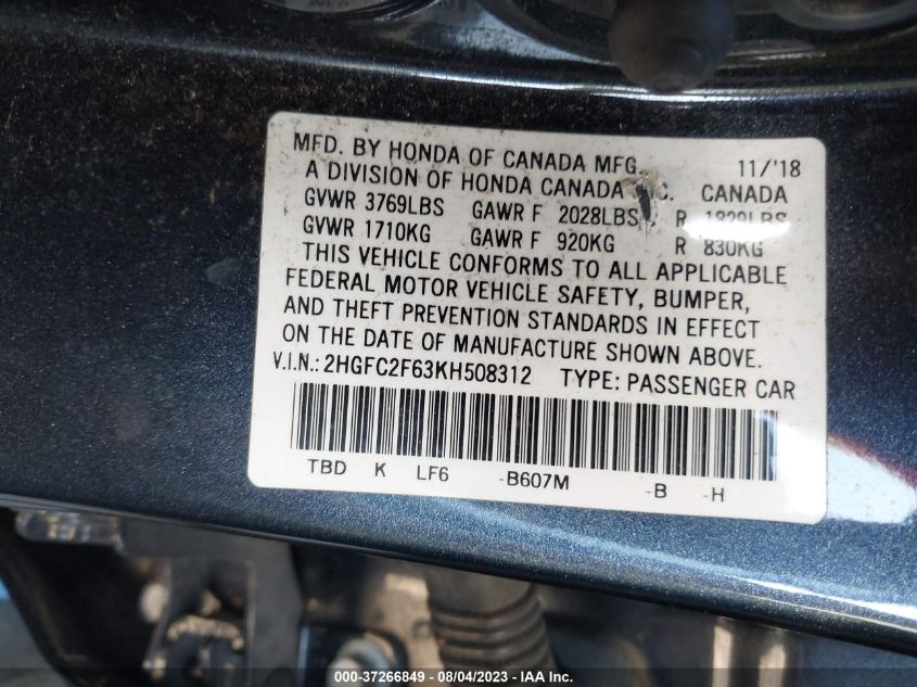 Photo 8 VIN: 2HGFC2F63KH508312 - HONDA CIVIC 