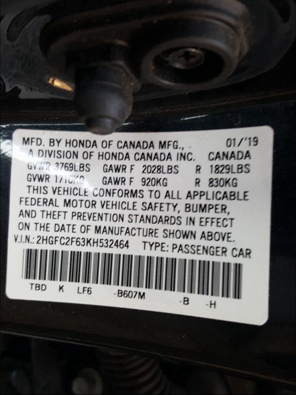 Photo 9 VIN: 2HGFC2F63KH532464 - HONDA CIVIC LX 