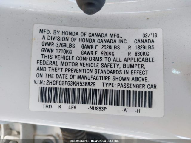 Photo 8 VIN: 2HGFC2F63KH538829 - HONDA CIVIC 