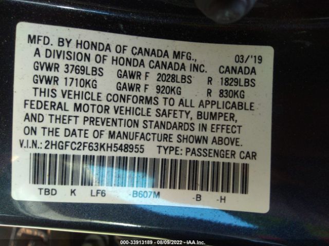 Photo 8 VIN: 2HGFC2F63KH548955 - HONDA CIVIC SEDAN 